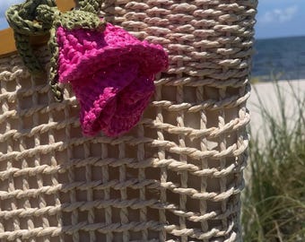 Raffia floral crochet bag charm: bag accessory rose flower