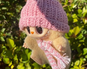Crochet Beanie with scarf: pink Labubu doll Hat and skinny scarf