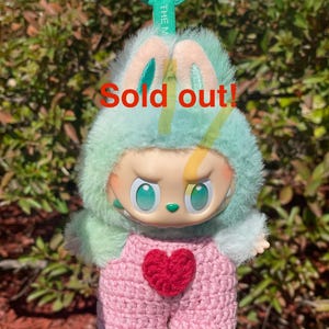 Crochet pink jumpsuit : pink and red Labubu doll outfit for 17 cm Labubu Jumpsuit with heart