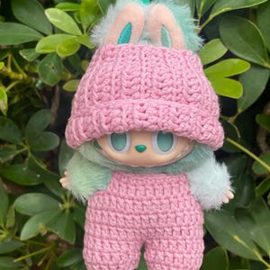 Crochet pink jumpsuit : pink and red Labubu doll outfit for 17 cm Labubu Jumpsuit & pink hat