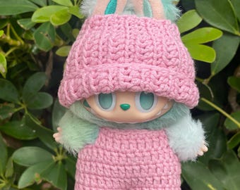 Crochet pink jumpsuit : pink and red Labubu doll outfit for 17 cm Labubu