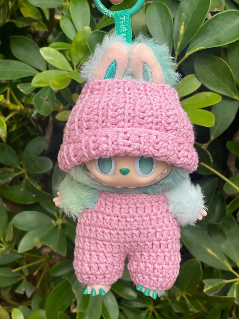 Crochet pink jumpsuit : pink and red Labubu doll outfit for 17 cm Labubu Jumpsuit & pink hat