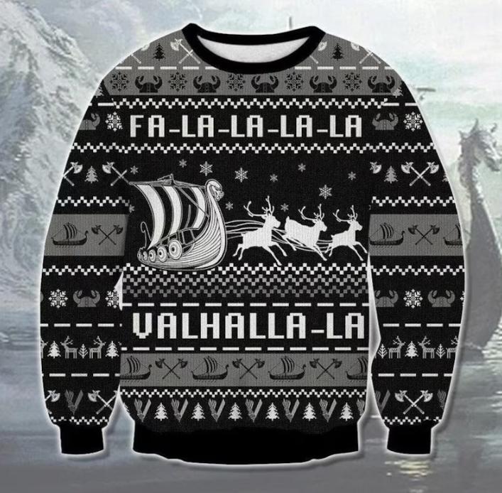 Discover Viking Valhalla Ugly Christmas Sweater, Nordic Warrior Holiday Jumper, Funny Fa-La-La Valhalla Sweater, Norse Mythology Gift for Men Women
