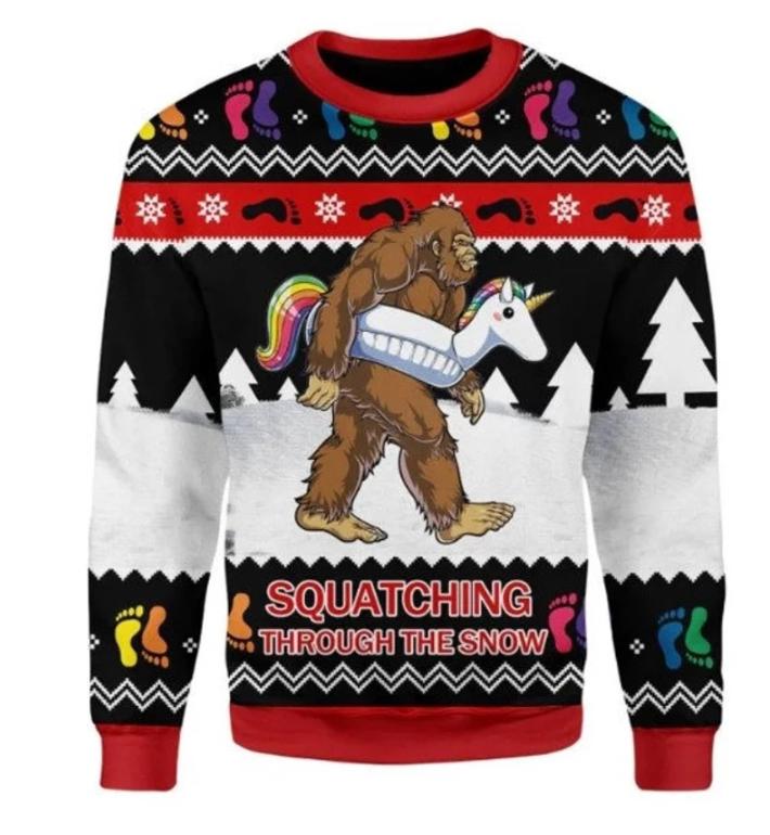 Discover Squatting Through the Snow Ugly Christmas Sweater, Funny Bigfoot Unicorn Sweater, Chirstmas Outfits