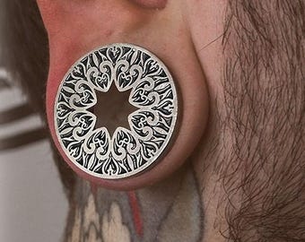 Moon Spell Silver Gauge Earrings, Mystic Stretched Ear Plugs, Crescent Moon Design 8mm-16mm, Celestial Tribal Tunnels, PRICE PER SINGLE