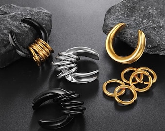 Saddle Ear Weights with Hinged Hoop – Euro Punk Black & Gold Titanium Steel Ear Stretcher Piercing Jewelry, PRICE PER SINGLE