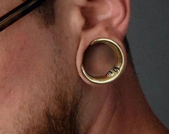 Golden Crescent Moon gauge earrings for stretched ears, plug gauges 6mm (2g)-28mm (1.10”), tribal crescent moon design, PRICE PER SINGLE