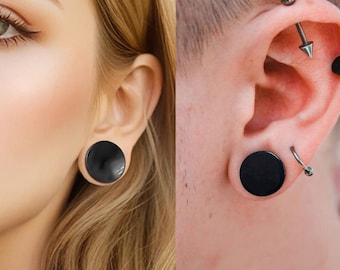 Double-Flared Flat-Concave Ear Plugs – Minimalist Punk Black Titanium Steel Stretched-Ear Jewelry, PRICE PER SINGLE