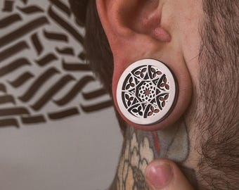 Floral Magic Wheel Silver Gauge Earrings, Stretched Ear Jewelry, Spiral Design Plugs 6mm-10mm, Fantasy Tribal Tunnels, PRICE PER SINGLE