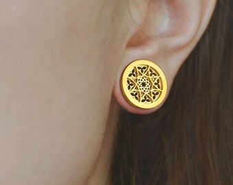 Floral Magic Wheel Gold Gauge Earrings, Stretching Ear Decor, Swirl Pattern Ear Plugs 8mm-12mm, Boho Spiral Tunnels, PRICE PER SINGLE