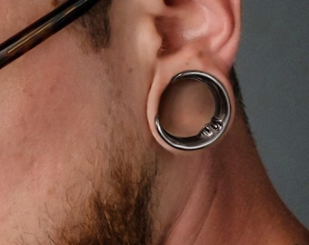 Black Crescent Moon gauge earrings for stretched ears, plug gauges 6mm (2g)-28mm (1.10”), tribal crescent moon design, PRICE PER SINGLE