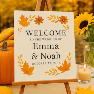Modèle de plaque de bienvenue orange brûlé pour mariage d&#39;automne : motif floral modifiable (téléchargement numérique)