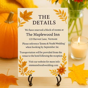 Burnt Orange Fall Wedding Details Card Template: Editable Gold Leaf Floral (Digital Download