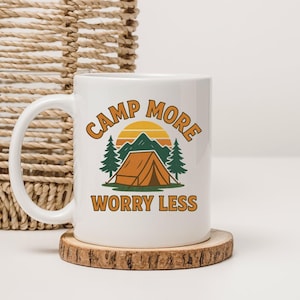 Camping Gift, Camp More Worry Less Mug - Retro Sunset Camping Coffee Cup, Nature Lover Gift, Outdoor Adventure Coffee Gift
