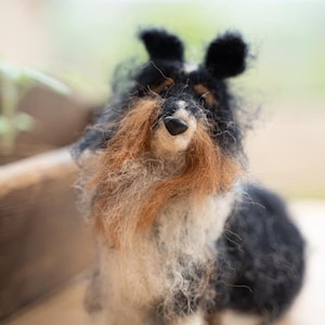 May include: A black, white and brown needle felted dog figurine. The dog is sitting with its head tilted up and looking directly at the camera. The dog has a long, fluffy tail and a bushy beard.