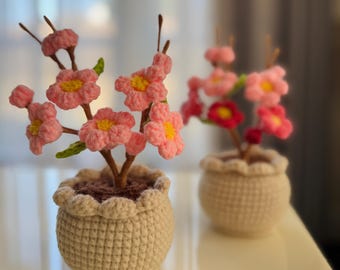 Handmade Cherry Blossom Crochet in Pot – Forever Blooming Crochet Flower Gift For Her