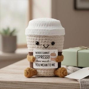 Crochet Animals : Turtle, Bee, Frog, Cat & Coffee Cup -  Emotional Support Pal with Motivation Card