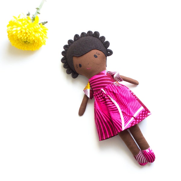 Etsy Design Awards Finalist 2020, Black Rag Doll in Gift Box, African Heritage Doll with Bantu knotted hairstyle.