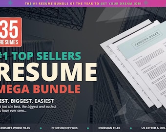 May include: A promotional image for a resume mega bundle. The image features the text "35 RESUMES" in a red box, and "#1 TOP SELLERS RESUME MEGA BUNDLE" in large, bold letters. The image also includes sample resume pages and the text "BEST. BIGGEST. EASIEST".