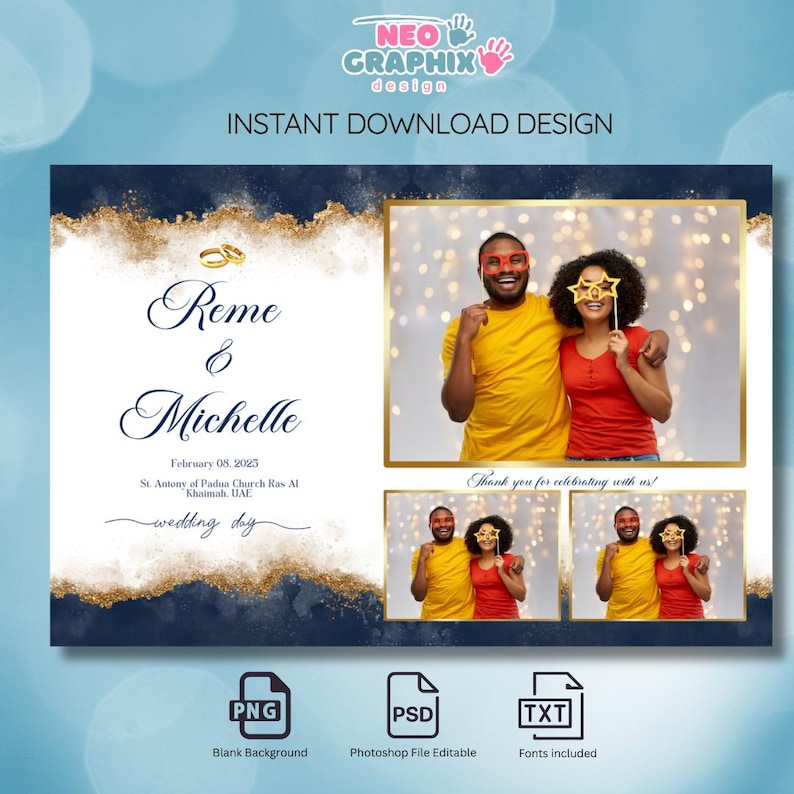 Reme Invitation Blue Glitter 4x6 Photo Booth Template – PSD Overlay for Wedding ...