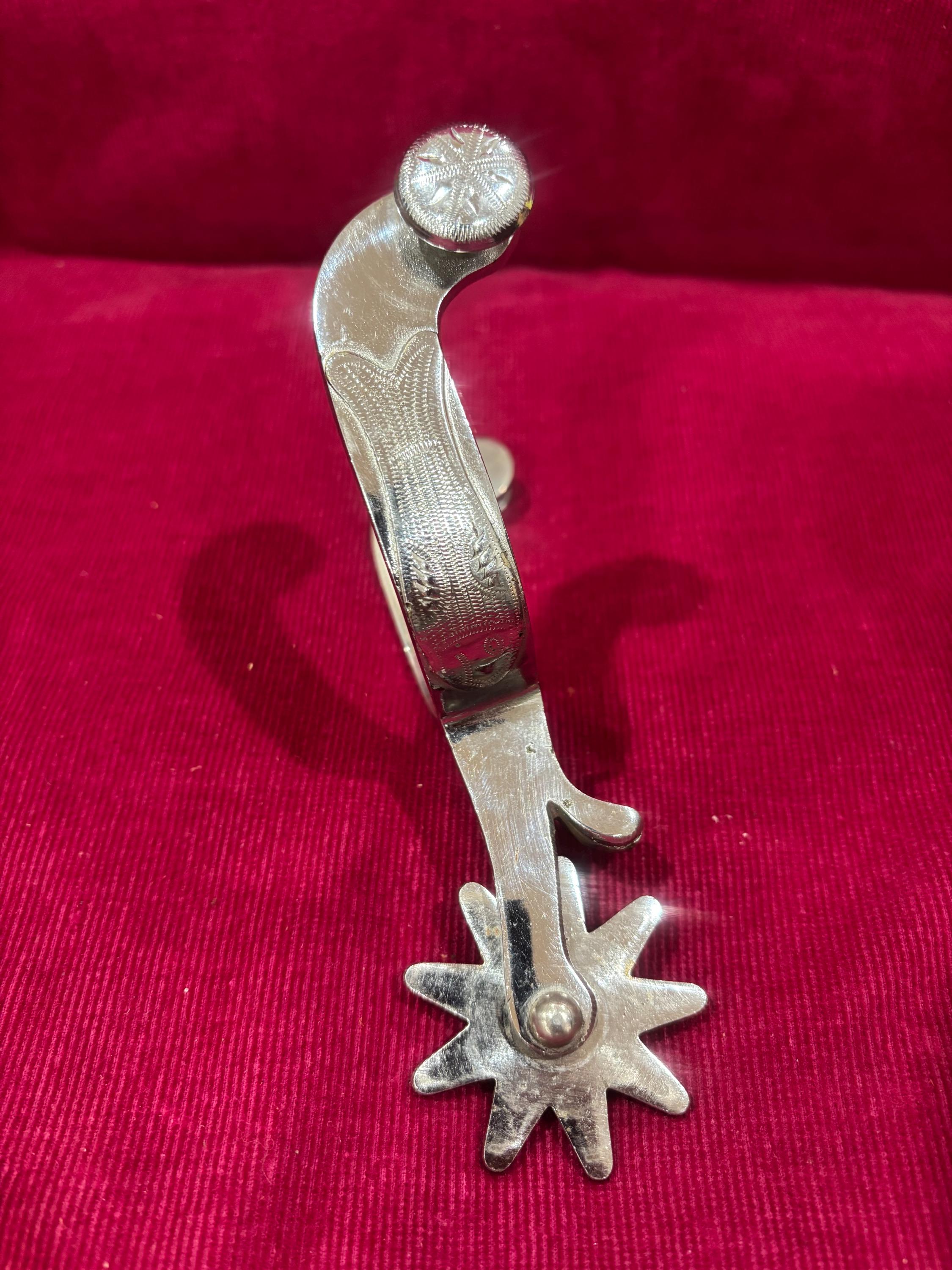 Vintage Crockett Single Spurs Stainless Steel Engraved Western Cowboy Marked Collectible Vintage Crockett Spurs - Single Mounted With The  main image 3