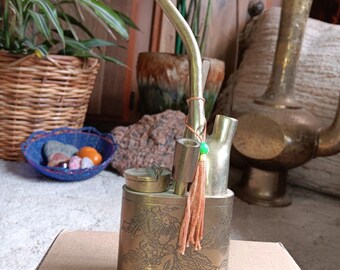 Vintage Etched Design Oriental Asian Brass Pipe with Accessories