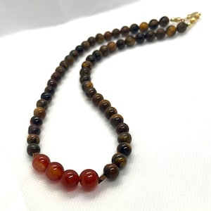Men&#39;s Necklace, Men&#39;s Beaded Tiger Eye and Orange Fire Agate Gemstone Necklace. Brings Good luck and Courage