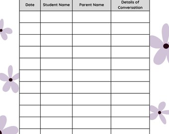 Puede incluir: Un registro de contacto de padres blanco con un diseño floral. El registro incluye secciones para la fecha, el nombre del estudiante, el nombre del padre y los detalles de la conversación. Flores de lavanda decoran el borde.