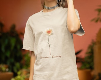 November Sincerity T-Shirt | Floral Single Stem Daisy, Minimal Botanical Design