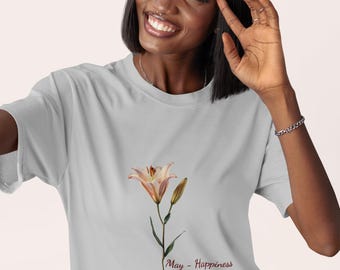 May Birth Flower Lily T-Shirt | Happines Meaning Minimal Floral Stem Tee , Anniversay Gift