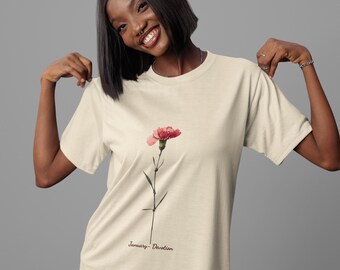 January Birth Flower Shirt  Carnation | Devotion Meaning | Minimal Botanical Floral T-Shirt | Anniversary Gift