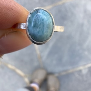 Oval Larimar Gemstone Custom Made Rings with textured Band