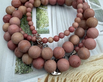 Matte Pink Opal Beaded Necklace: Dainty Gemstone Choker, 16"