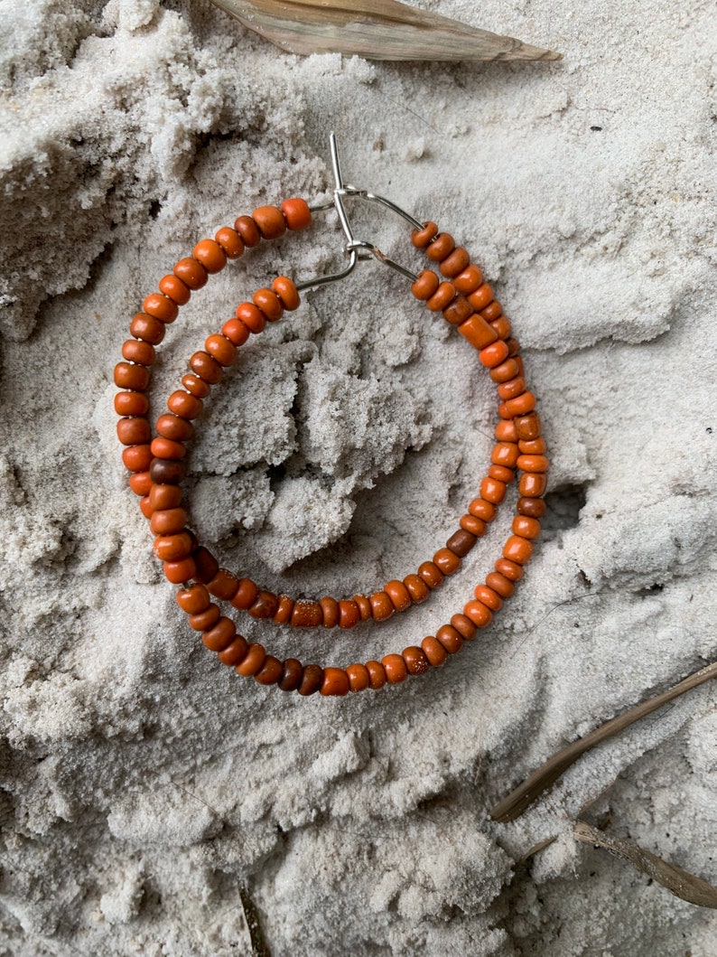 Large Beaded Classic Hoop Earrings Rust