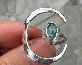 Gemstone Crescent Moon Ring, Open Adjustable Ring