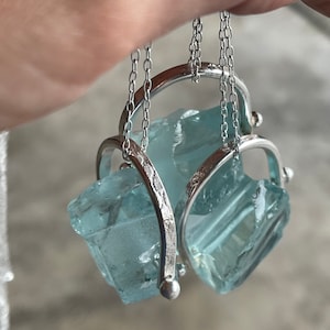 Large Raw Sky Blue Quartz Crystal Necklace, Aquamarine Colour.