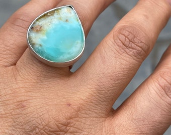 Handmade Sterling Silver Blue Peruvian Opal Ring: Artisan Boho Jewelry