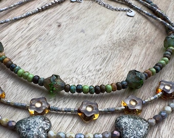 Czech Glass Heart Necklace: Green Moss Bohemian Beaded Jewelry