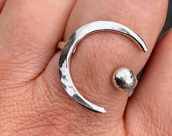 Adjustable Hammered Sterling Silver Crescent Moon Ring: Handmade Boho Jewelry