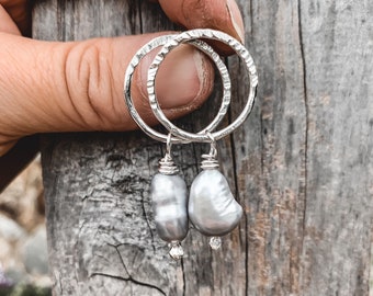 Sterling Silver Freshwater Pearl Hoop Earrings: Hammered Dangle Hoops
