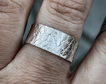 Lace Textured organic Sterling Silver Wide Ring Band