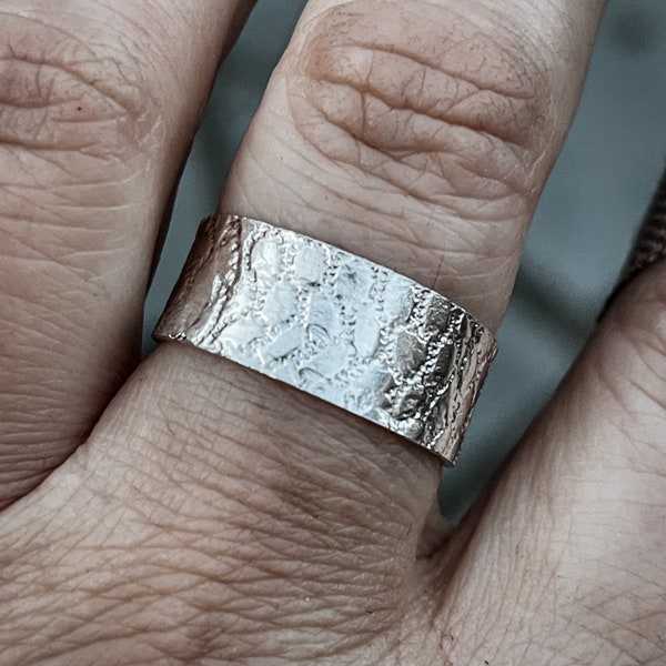 Lace Textured organic Sterling Silver Wide Ring Band