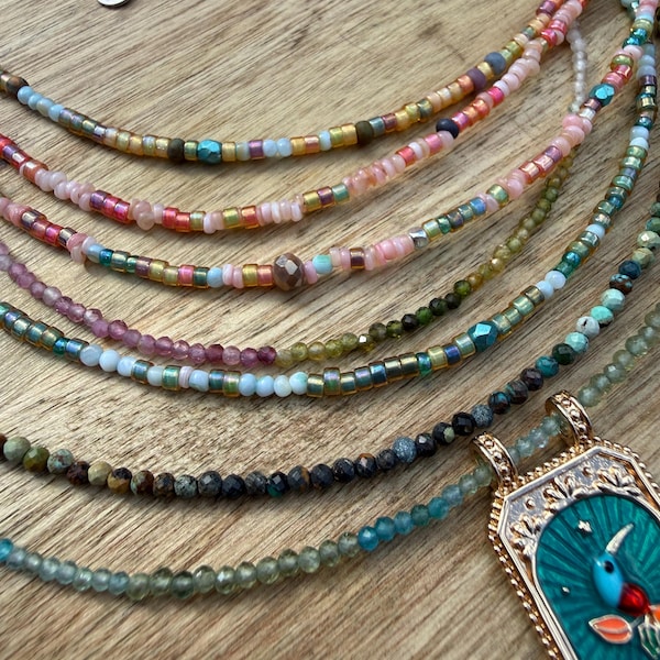 Rainbow Seed Bead Necklace, Larimar Czech Glass, Handmade Indie Jewelry
