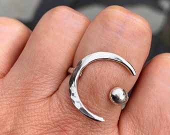 Adjustable Crescent Moon Silver Ring