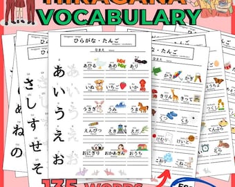 Arkusz słownictwa japońskiego hiragana, poznaj 135 podstawowych słów japońskich dla początkujących, JLPT N5 i lekcja japońskiego, Hiragana do druku w formacie PDF