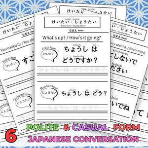 Może przedstawiać: Stos sześciu białych arkuszy konwersacji japońskiej z niebieskim geometrycznym tłem. Arkusze zawierają japońskie zwroty w formie grzecznej i swobodnej, z tłumaczeniami na język angielski. Tekst "Polite & Casual Form Japanese Conversation" znajduje się na dole.