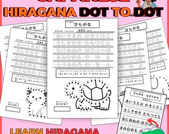 Arkusz ćwiczeń do śledzenia hiragany w formacie PDF | Urocze ćwiczenia do pisania po japońsku dla początkujących | Wydrukowany japoński arkusz ćwiczeń do łączenia kropek dla dzieci