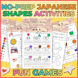 Pode incluir: Atividades educativas de formas japonesas com o texto "NO-PREP JAPANESE SHAPES ACTIVITIES" e "FUN GAMES". As folhas de trabalho apresentam formas como círculos, triângulos e quadrados, com vocabulário japonês. Inclui exercícios de colorir e combinar.