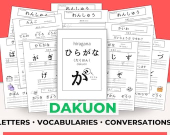 Ucz się japońskiego, Arkusz ćwiczeń Hiragana w języku japońskim Dakuten, Śledzenie Hiragana, Pisanie w języku japońskim JLPT N5, Pakiet do nauki języka do druku (PDF)