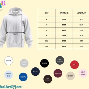 Op de afbeelding: Een witte hoodie met een voorzak en een trekkoord. De afbeelding bevat een maattabel met afmetingen in cm en kleuropties. De tekst "Digital Art Effect" is zichtbaar.
